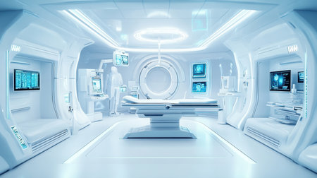 Explore a sleek, futuristic medical laboratory designed for advanced healthcare solutions, featuring state-of-the-art technology in a sterile, clean environment.の素材