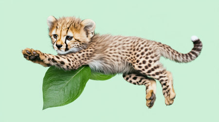 This delightful image captures a cheetah cub mid-leap over a vibrant green leaf, set against a soft pastel background, exuding energy and playfulness.の素材