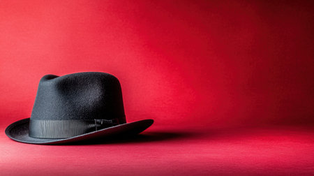 A stylish black fedora hat elegantly placed against a bold red background, perfect for fashion, vintage-themed designs, or artistic projects.の素材