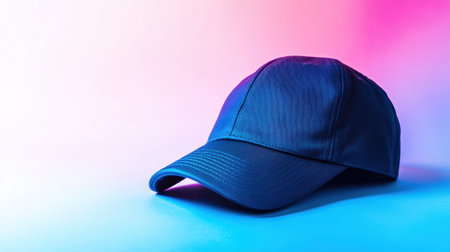 A sleek black cap presented with a vibrant gradient background in blue and pink, perfect for fashion or sports-themed projects. Ideal for showcasing style.の素材
