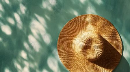 A beautiful straw hat rests elegantly on a textured green surface, with soft shadows and light creating a serene and inviting atmosphere. Perfect for summer themes.の素材