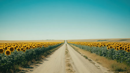 A picturesque dirt road surrounded by flourishing sunflowers stretches towards a distant horizon under a clear blue sky, perfect for nature lovers.の素材
