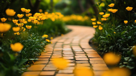A stunning view of a winding pathway through a beautiful garden filled with bright yellow flowers and lush foliage, creating a tranquil outdoor escape.の素材