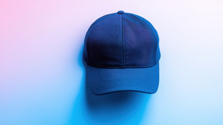 A stylish blue cap rests against a soft gradient background, combining delicate pink and blue hues. The sleek design embodies modern fashion and casual elegance.の素材