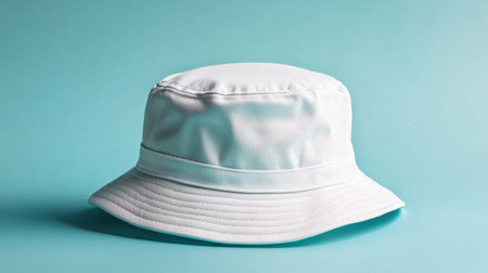 A stylish white bucket hat sits against a vibrant blue background, featuring a simple yet modern design ideal for summer outings and casual wear.の素材