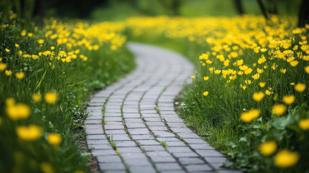 A picturesque winding pathway meanders through a field of vibrant yellow flowers, surrounded by lush green grass, evoking peace and serenity in nature.の素材