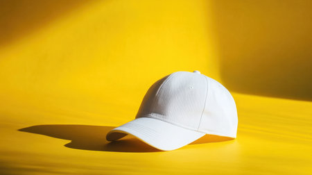 This image features a stylish white baseball cap resting gracefully on a vibrant yellow background, showcasing modern aesthetics and minimal design elements.の素材