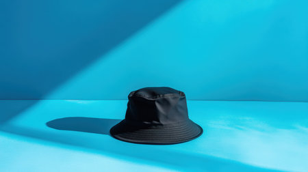 A stylish black bucket hat sits elegantly on a vibrant blue background, showcasing playful shadows and light contrast for a striking visual appeal.の素材