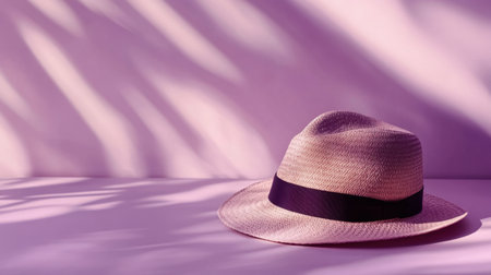 This image features a stylish straw hat adorned with a black ribbon, set against a pastel purple background that casts elegant shadows, creating a calming aesthetic.の素材
