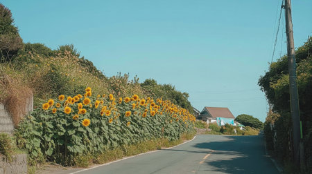 A picturesque view of a vibrant sunflower field lining a quiet country road, illuminated by sunlight beneath a clear blue sky, evoking tranquility.の素材