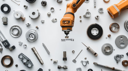 A striking arrangement of a robotic arm amidst various mechanical parts and components, showcasing innovation in automation and engineering. The image captures the essence of modern manufacturing and technology.の素材