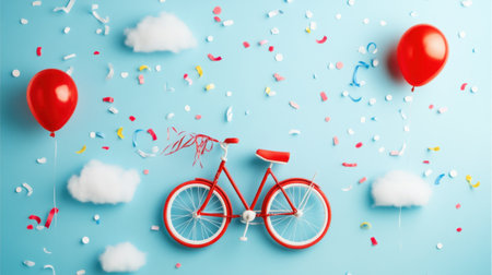 A charming red bicycle sits playfully among colorful balloons and floating clouds, surrounded by scattered confetti, creating a whimsical, festive atmosphere full of joy.の素材