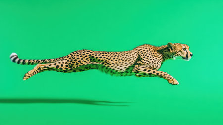A captivating shot of a cheetah in full motion, showcasing its incredible speed and agility against a bold green background. The image highlights the elegance of the animal, emphasizing its beautiful spotted fur and powerful leap.の素材