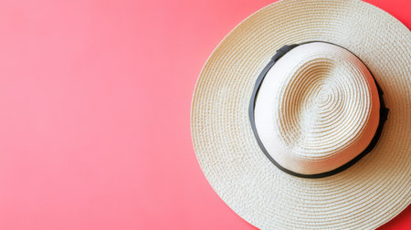 A stylish wide brim straw hat is elegantly placed on a bright pink background, perfect for summer fashion and sun protection. Capture the essence of sunny days!の素材