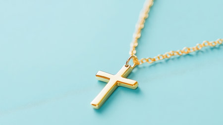 This stunning gold cross necklace rests elegantly against a soft blue background, symbolizing faith and spirituality while enhancing any outfit with style.の素材