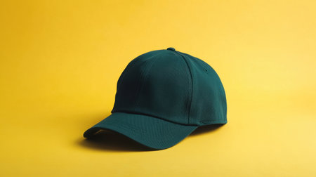 A stylish green cap rests on a vibrant yellow background, ideal for showcasing fashion accessories in a modern and minimalist setting.の素材