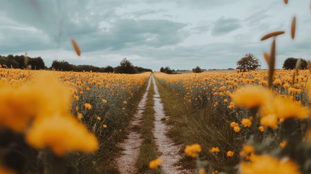 A picturesque rural pathway stretches through a vibrant yellow flower field, inviting exploration under a serene, cloudy sky. This stunning landscape captures the essence of nature's beauty.の素材
