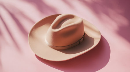 A stunning close-up image of an elegant light pink cowboy hat resting on a soft pink surface. The delicate shadows enhance the minimalist design and aesthetic appeal.の素材