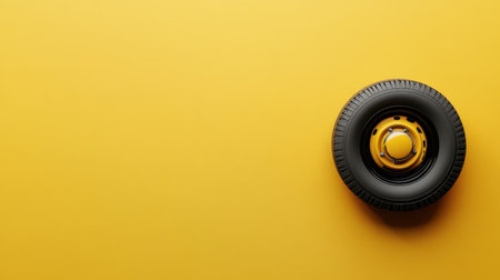 A stylish image featuring a single black tire with a yellow rim against a bright yellow background. Ideal for automotive marketing or design projects.の素材