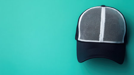 A stylish black and white mesh cap resting on a vibrant turquoise background, ideal for showcasing trendy outdoor fashion and lifestyle accessories.の素材