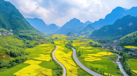 This aerial view captures a stunning landscape featuring a winding road through a valley adorned with vibrant yellow fields and majestic mountains under a cloudy sky.の素材