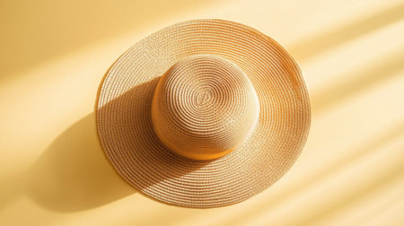 A stylish sun hat rests on a vibrant yellow background, illuminated by soft shadows that enhance its texture and form, evoking a sense of summer leisure.の素材