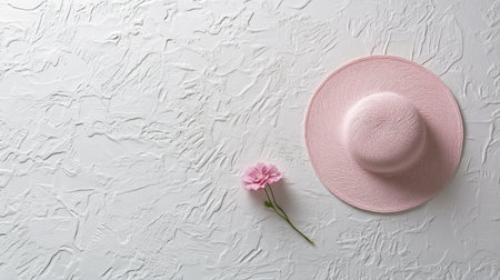 A stylish pink hat rests beside a delicate flower on a textured white surface, capturing the essence of summer fashion and lifestyle aesthetics.の素材
