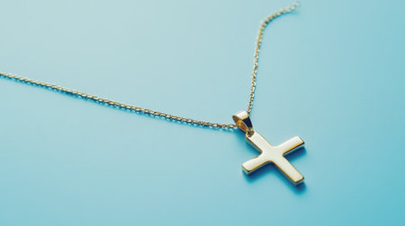 This image showcases an elegant gold cross necklace hanging gracefully against a smooth blue background, perfect for themes of faith and personal style.の素材