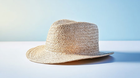 A stylish straw hat lies on a clean surface with a soft blue background, perfect for summer fashion or outdoor adventures, conveying warmth and relaxation.の素材