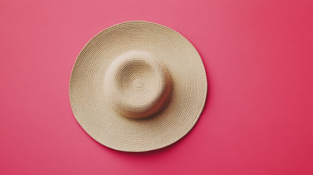 A beautifully crafted straw hat rests on a vibrant pink background, showcasing its elegant design and texture, ideal for summer fashion and outdoor adventures.の素材