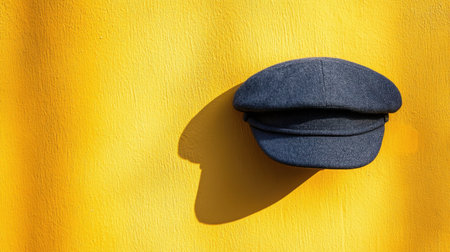 A vintage flat cap elegantly rests against a vibrant yellow wall, casting a soft shadow that enhances its classic design and texture. This image captures the beauty of simplicity and color contrast, making it a perfect representation of stylish headwear.の素材