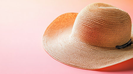 This image features an elegant straw hat set against a soft pink background, perfect for summer fashion themes, beach outings, and casual styling.の素材