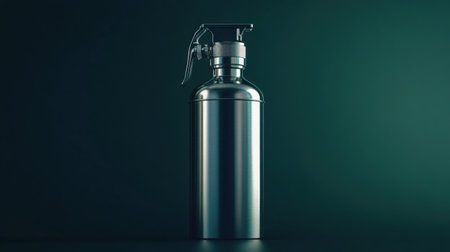 A visually striking stainless steel fire extinguisher stands upright against a dark background, emphasizing safety and preparedness. The soft lighting highlights its metallic surface, making it a perfect representation of modern safety equipment in any setting.の素材