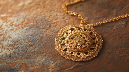 This stunning golden pendant necklace showcases an intricate design, resting gracefully on a rustic background, highlighting its elegance and craftsmanship.の素材