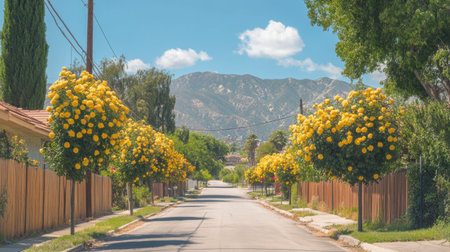 This picturesque scene features a tranquil street lined with blooming trees and a stunning mountain backdrop under a bright blue sky. The vibrant flowers add a touch of color, creating a serene atmosphere perfect for relaxation or leisurely strolls.の素材