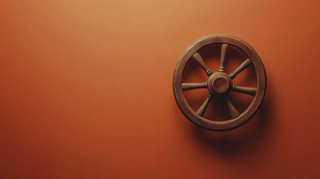 A rustic wooden wheel mounted against a vibrant orange wall, creating a charming focal point that enhances the inviting atmosphere of any interior space.の素材