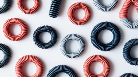 A creative flatlay featuring colorful hair accessories in various shapes. The vibrant spools and loops offer a modern aesthetic perfect for fashion and beauty enthusiasts.の素材