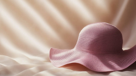 A beautiful pink sun hat rests elegantly on a soft satin background, casting gentle shadows and creating a serene atmosphere for summer-themed photography.の素材
