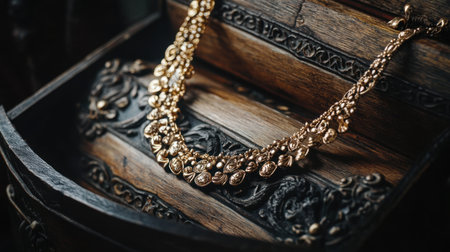 This stunning gold necklace elegantly rests in a vintage wooden jewelry box adorned with intricate carvings, showcasing timeless beauty and craftsmanship.の素材