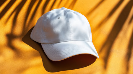 A stylish white baseball cap rests on a vibrant orange background, with soft shadows cast by tropical leaves, creating a fresh and modern aesthetic.の素材