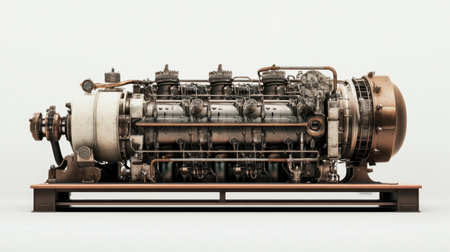 This image showcases a vintage industrial engine with complex mechanical details, set against a clean white background. The intricate design highlights engineering craftsmanship.の素材