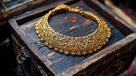 This stunning gold necklace rests on a vintage wooden box, showcasing intricate designs and superior craftsmanship. A symbol of elegance and tradition.の素材