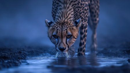 A stunning close-up of a cheetah silently approaching a water source, shrouded in mist. The dramatic lighting highlights the animalの素材