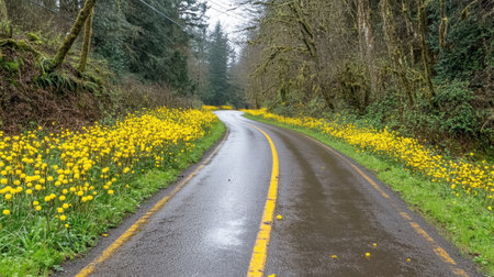A serene winding country road is bordered by vibrant yellow wildflowers, creating a picturesque scene amidst a lush green forest, perfect for nature lovers.の素材