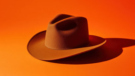 A stylish brown cowboy hat rests on a vibrant orange background, highlighting its unique design and texture. Perfect for fashion and artistic concepts.の素材