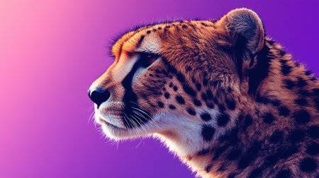 A stunning close-up profile of a cheetah against a vibrant purple background, highlighting its distinctive spots and facial features, exhibiting elegance and beauty.の素材