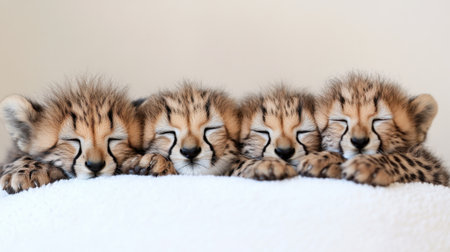 This charming image captures the serene moment of four cheetah cubs peacefully sleeping together on a soft surface, exuding cuteness and warmth.の素材