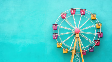 A colorful Ferris wheel stands against a bright turquoise wall, embodying the spirit of joy and excitement in a vibrant carnival setting. Perfect for capturing fun.の素材