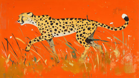 This vibrant artwork features a cheetah in motion, creating a lively contrast against a bright orange background. Ideal for wildlife lovers.の素材