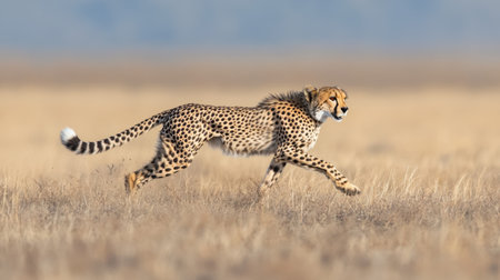 A stunning image of a cheetah sprinting gracefully through the golden grasslands. The scene captures the remarkable speed and elegance of this majestic animal in its natural habitat, showcasing the beauty of wildlife.の素材